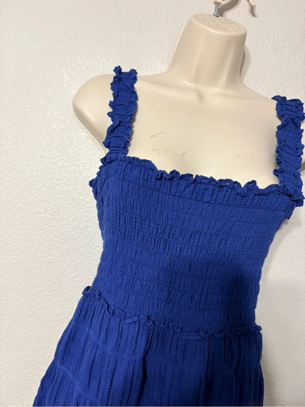 Max Studio Royal Blue Smocked Maxi Dress with Ruffle Straps Cotton Stretchy